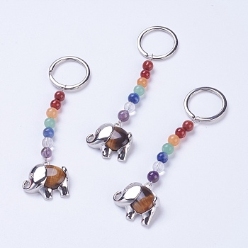 Natural Tiger Eye Chakra Keychain, with Mixed Stone and Platinum Plated Brass Key Findings, Elephant, 92mm, Ring: 24x2mm, Bead: 6~7mm, Pendant: 23x26x7mm