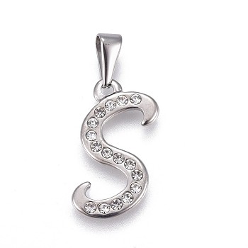 304 Stainless Steel Pendants, with Rhinestone, Letter, Letter.S, 23.5x15x2mm, Hole: 3~3.5x7.5~8mm