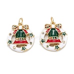 Christmas Themed Brass Micro Pave Cubic Zirconia Pendants, with Enamel and Jump Ring, Long-Lasting Plated, Flat Round with Christmas Bell, Golden, 19x16x3.5mm, Jump Ring: 5x0.7mm, 3.6mm Inner Diameter(ZIRC-L101-06G)