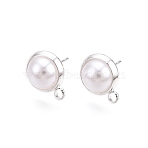 Brass Stud Earring Findings, with Loop & ABS Plastic Imitation Pearl, Half Round, 925 Sterling Silver Plated, 12.5x10x4.5mm, Hole: 1.8mm, Pin: 0.8mm(KK-WH20013-07S)