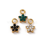 304 Stainless Steel Rhinestone Pendants, Ion Plating(IP), Real 14K Gold Plated, Flower Charms, Mixed Color, 10x6.5x3mm, Hole: 2mm(STAS-M110-26G)