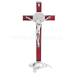 Alloy Enamel Saint Benedict Crucifix Display Decorations, with Base, for Church Home Decorations, FireBrick, 96x72x210mm(AJEW-WH0752-416B)