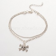 Skull and Crossbones Alloy Rhinestone Charm Multi-strand Anklets, with Iron Chains and Zinc Alloy Lobster Claw Clasps, Platinum, 230mm(AJEW-AN00092-01)