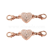 Alloy Crystal Rhinestone Magnetic Clasps, with Lobster Claw Clasps, Heart, Rose Gold, 45mm, Lobster Clasp: 12x7x3mm, Heart: 11x18x7mm(ALRI-YW0001-10RG)