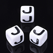 Acrylic Horizontal Hole Letter Beads, Cube, White, Letter J, Size: about 7mm wide, 7mm long, 7mm high, hole: 3.5mm, about 200pcs/50g(X-PL37C9129-J)