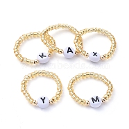 Glass Seed Beads Stretch Finger Rings, with Golden Plated Brass Beads and Letter Acrylic Beads, Gold, Size 10,  Inner Diameter: 20mm(RJEW-JR00304-M)