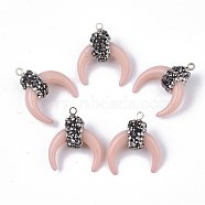 Resin Pendants, with Alloy Loop and Polymer Clay Rhinestone, Crescent/Double Horn, Platinum, Pink, PP13(1.9~2mm), 21~22x18.5x8.5~10.5mm, Hole: 1.4~1.6mm(RB-T015-09E)