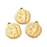 Ion Plating(IP) 304 Stainless Steel Pendants, with Crystal Rhinestone, Flat Round with Mermaid Charms, Golden, 18x16x2mm, Hole: 1.2mm(STAS-A080-19G)