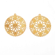 Brass Pendants, Hollow, Flat Round with Flower, Golden, 28x26x0.3mm, Hole: 1mm(KK-WH0043-08A)