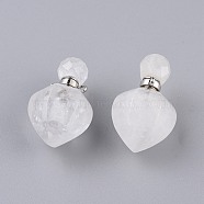 Faceted Natural Quartz Crystal Openable Perfume Bottle Pendants, Rock Crystal, with 304 Stainless Steel Findings, Peach Shape, Stainless Steel Color, 35~36x18~18.5x21~21.5mm, Hole: 1.8mm, Bottle Capacity: 1ml(0.034 fl. oz)(G-P435-A-03P)
