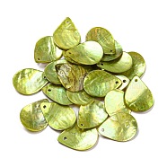 Spray Painted Natural Akoya Shell Pendants, Teardrop Charms, Yellow Green, 19.5~20x14.5~15x2mm, Hole: 1.5mm(BSHE-G034-12G)