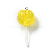 Translucent Resin Imitation Food Pendants, Lollipop Charms with Platinum Tone Iron Loops, Yellow, 48~50.5x22.5mm(RESI-R435-02C)