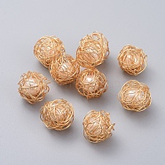 Copper Wire Beads, with Plastic Imitation Pearl Beads Inside and Cardboard Packing Box, Round, Light Gold, 14~15mm(X-PALLOY-JF00396)