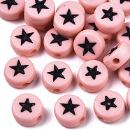 Opaque Acrylic Beads, with Enamel, Flat Round with Star, Pink, 7x4mm, Hole: 1.5mm, about 1216pcs/178g(MACR-N008-32D)