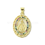 Real 18K Gold Plated Brass Micro Pave Random Color Cubic Zirconia Pendants, Oval with Virgin Mary Pattern Charms, Colorful, 26x18x3mm, Hole: 3x4mm(KK-H472-37B-01G)