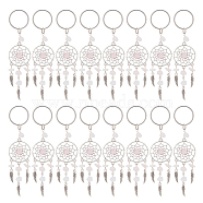 24Pcs Natural Chip Rose Quartz Keychain, with Tibetan Style Pendants and 316 Surgical Stainless Steel Key Ring, Woven Net/Web with Feather, 107mm, Pendant: 82x28x7mm(KEYC-NB0001-71)