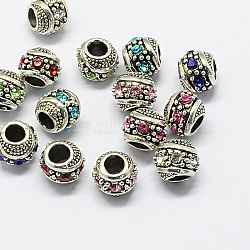 Alloy Rhinestone European Beads, Rondelle Large Hole Beads, Antique Silver, Mixed Color, 11x10mm, Hole: 5mm(MPDL-R036-08)