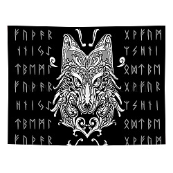 Polyester Viking Wolf Wall Hanging Tapestry, Rectangle Meditation Runes Tapestry for Bedroom Living Room Decoration, Black, 150x130mm(WOLF-PW0001-43A)