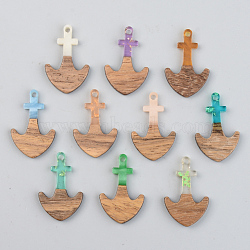 Resin & Walnut Wood Pendants, Anchor, Mixed Color, 28x18x3mm, Hole: 2mm(RESI-S389-061B)