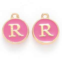 Golden Plated Alloy Enamel Charms, Cadmium Free & Lead Free, Enamelled Sequins, Flat Round with Letter, Camellia, Letter.R, 14x12x2mm, Hole: 1.5mm(ENAM-S118-08R)