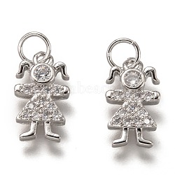 Brass Micro Pave Clear Cubic Zirconia Charms, Cadmium Free & Lead Free, Long-Lasting Plated, Girl, Platinum, 14x8x2.5mm, Hole: 3mm(ZIRC-B002-57P)