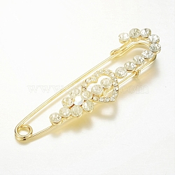 Alloy Glass Rhinestone Brooches, Heart, Golden, 72x23mm, Pin: 1.5mm(JEWB-G001-13)