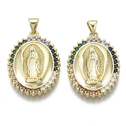 Brass Micro Pave Cubic Zirconia Pendants, with Brass Snap on Bails, Nickel Free, Oval with Goddess/Virgin, Real 16K Gold Plated, Colorful, 28x20x3.5mm, Hole: 5x3mm(ZIRC-N039-047-NF)