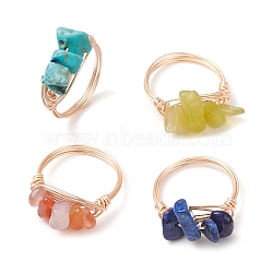 4Pcs 4 Style Natural & Synthetic Mixed Gemstone Chips Braided Bead Finger Rings, Copper Wire Wrap Stackable Rings, Light Gold, Inner Diameter: 18mm(RJEW-TA00111)