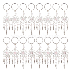 24Pcs Natural Chip Rose Quartz Keychain, with Tibetan Style Pendants and 316 Surgical Stainless Steel Key Ring, Woven Net/Web with Feather, 107mm, Pendant: 82x28x7mm(KEYC-NB0001-71)