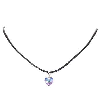 Glass Heart Pendant Necklaces, with Imitation Leather Cord, Heliotrope, 17.64 inch(44.8cm)