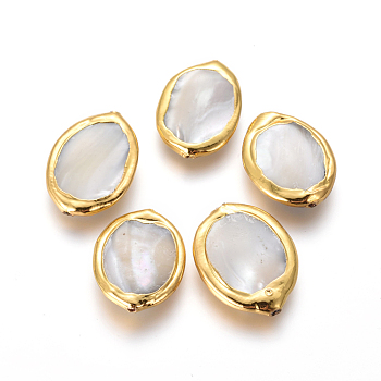 Shell Beads, with Brass Findings, Oval, Floral White, Golden, 19.5~21x14.5~16.5x3.5~5mm, Hole: 0.6mm