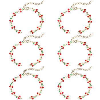 6Pcs 304 Stainless Steel Enamel Red Cherry Link Chain Bracelet Making, Golden, 6-1/8 inch(15.6cm)