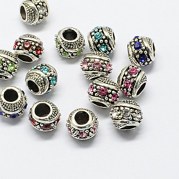 Alloy Rhinestone European Beads, Rondelle Large Hole Beads, Antique Silver, Mixed Color, 11x10mm, Hole: 5mm