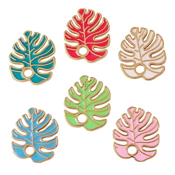 6Pcs 6 Colors Brass Enamel Pendants, Real 18K Gold Plated, Long-Lasting Plated, Leaf, Mixed Color, 1pc/color