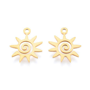 201 Stainless Steel Charms, Laser Cut Pendants, Sun, Real 18K Gold Plated, 15x13x1mm, Hole: 1.5mm