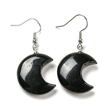 Natural Obsidian Crescent Moon Dangle Earrings, Rack Plating Platinum Brass Earrings, Cadmium Free & Lead Free, 42x21mm