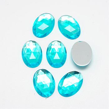 Acrylic Rhinestone Flat Back Cabochons, Faceted, Bottom Silver Plated, Oval, Cyan, 18x13x4.5mm
