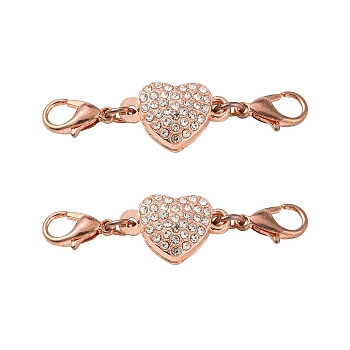 Alloy Crystal Rhinestone Magnetic Clasps, with Lobster Claw Clasps, Heart, Rose Gold, 45mm, Lobster Clasp: 12x7x3mm, Heart: 11x18x7mm