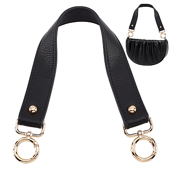 Litchi Grain Leather Bag Handles, with Alloy Spring Gate Rings, Black, 39x2.7x0.4cm