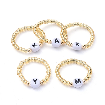 Glass Seed Beads Stretch Finger Rings, with Golden Plated Brass Beads and Letter Acrylic Beads, Gold, Size 10,  Inner Diameter: 20mm