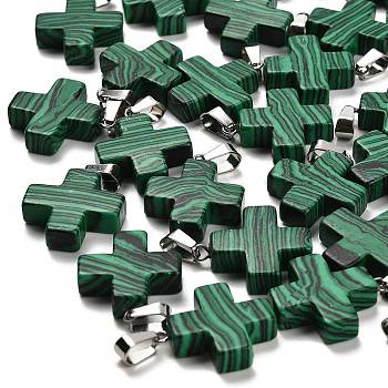 Synthetic Malachite Pendants, with Stainless Steel Color Plated 201 Stainless Steel Snap on Bails, Cross, 23~24x20x6mm, Hole: 7x4.5mm