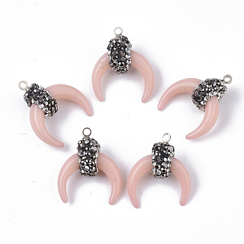 Resin Pendants, with Alloy Loop and Polymer Clay Rhinestone, Crescent/Double Horn, Platinum, Pink, PP13(1.9~2mm), 21~22x18.5x8.5~10.5mm, Hole: 1.4~1.6mm