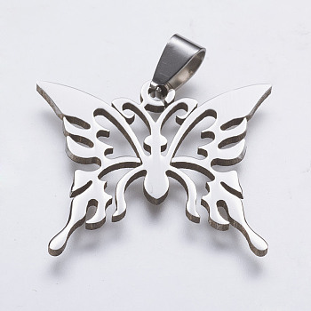 202 Stainless Steel Pendants, Butterfly, Stainless Steel Color, 26.5x31.5x1.5mm, Hole: 3.5x7mm