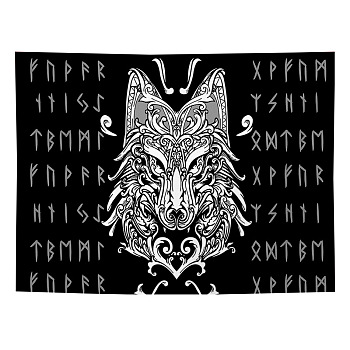 Polyester Viking Wolf Wall Hanging Tapestry, Rectangle Meditation Runes Tapestry for Bedroom Living Room Decoration, Black, 1500x1300mm