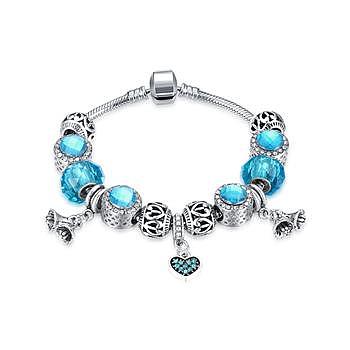 Zinc Alloy European Style Bracelets, with Rhinestone and Glass European Beads, Heart & Flower, Deep Sky Blue, Antique Silver, 7-7/8 inch(200mm)