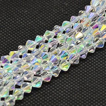 Imitate Austrian Crystal Electroplate Bicone Glass Bead Strands, AB Color Plated, Grade AA, Faceted, AB Color Plated, 4x4mm, Hole: 1mm, about 93~95pcs/strand, 14 inch