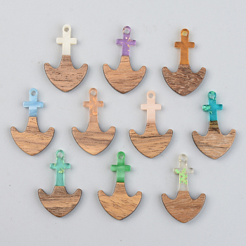 Resin & Walnut Wood Pendants, Anchor, Mixed Color, 28x18x3mm, Hole: 2mm