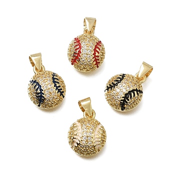 Brass Micro Pave Clear Cubic Zirconia Charms, with Enamel, Baseball Charms, Mixed Color, Real 18K Gold Plated, 13.5x11x5.5mm, Hole: 4x3.5mm