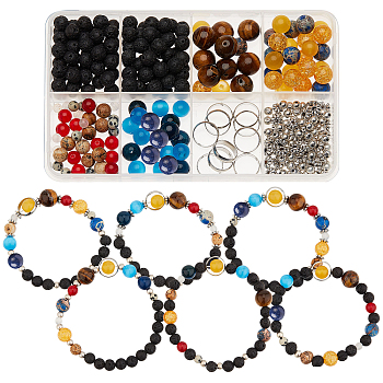 DIY Gemstone Chakra Bracelet Making Kit, Including Round Cat Eye & Natural Gemstone & Glass Beads, Antique Silver & Platinum, 320Pcs/set