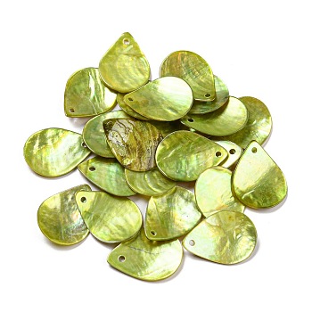 Spray Painted Natural Akoya Shell Pendants, Teardrop Charms, Yellow Green, 19.5~20x14.5~15x2mm, Hole: 1.5mm